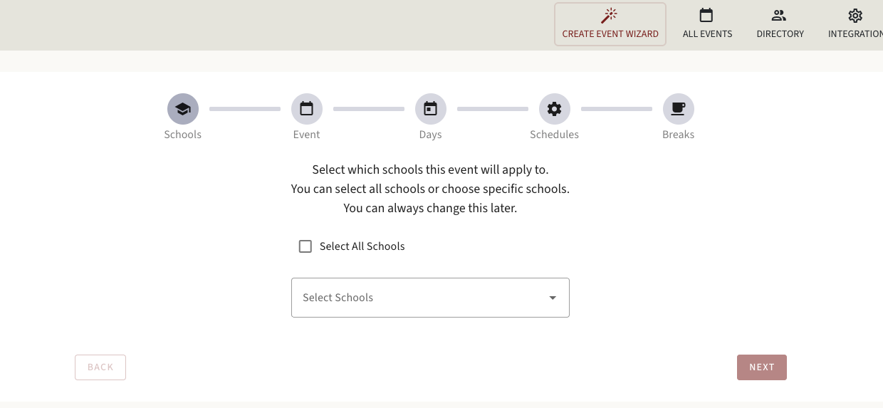 PTC Wizard Create Event Wizard — district-wide conference setup